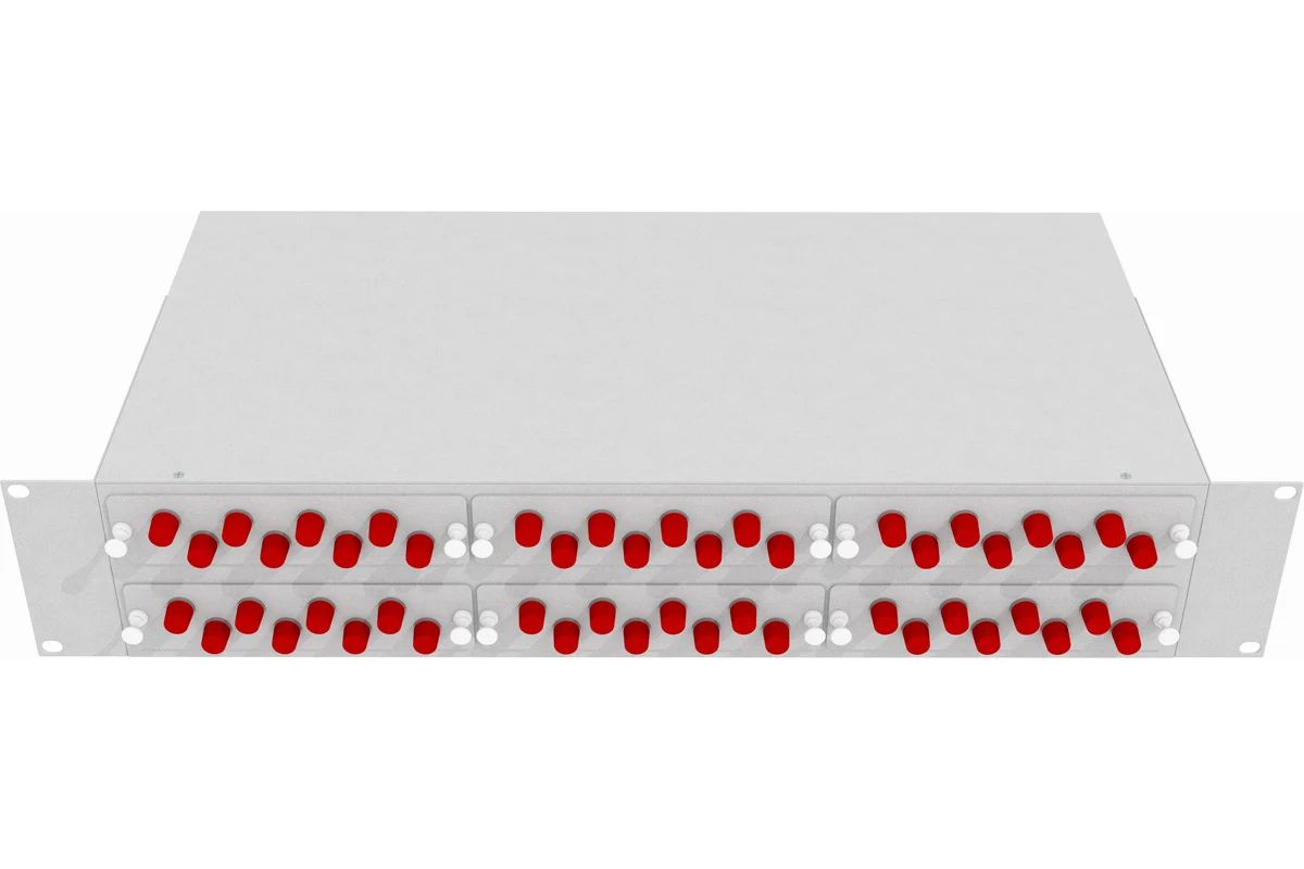 Кросс стоечный оптический Vimcom 19'' укомплектованный 1U, 48 портов FC/UPC, 9/125 мкм (планки, сплайс-кассета, пигтейлы, адаптеры, КДЗС), серый.