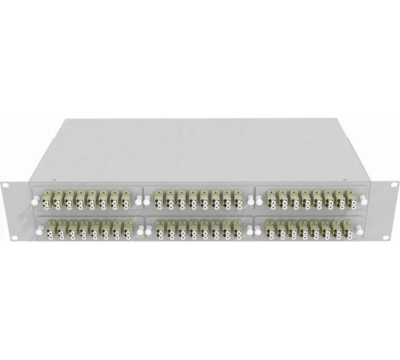 Кросс стоечный оптический Vimcom 19'' укомплектованный 1U, 48 портов LC/UPC, 9/125 мкм (планки, сплайс-кассета, пигтейлы, адаптеры, КДЗС), серый.