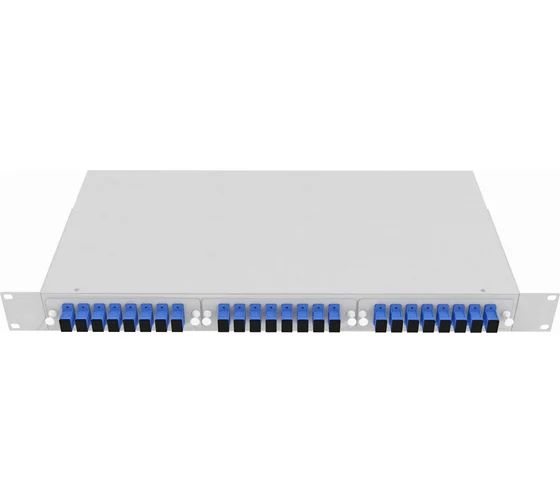 Кросс стоечный оптический Vimcom 19'' укомплектованный 1U, 24 порта SC/UPC, 9/125 мкм (планки, сплайс-кассета, пигтейлы, адаптеры, КДЗС), серый