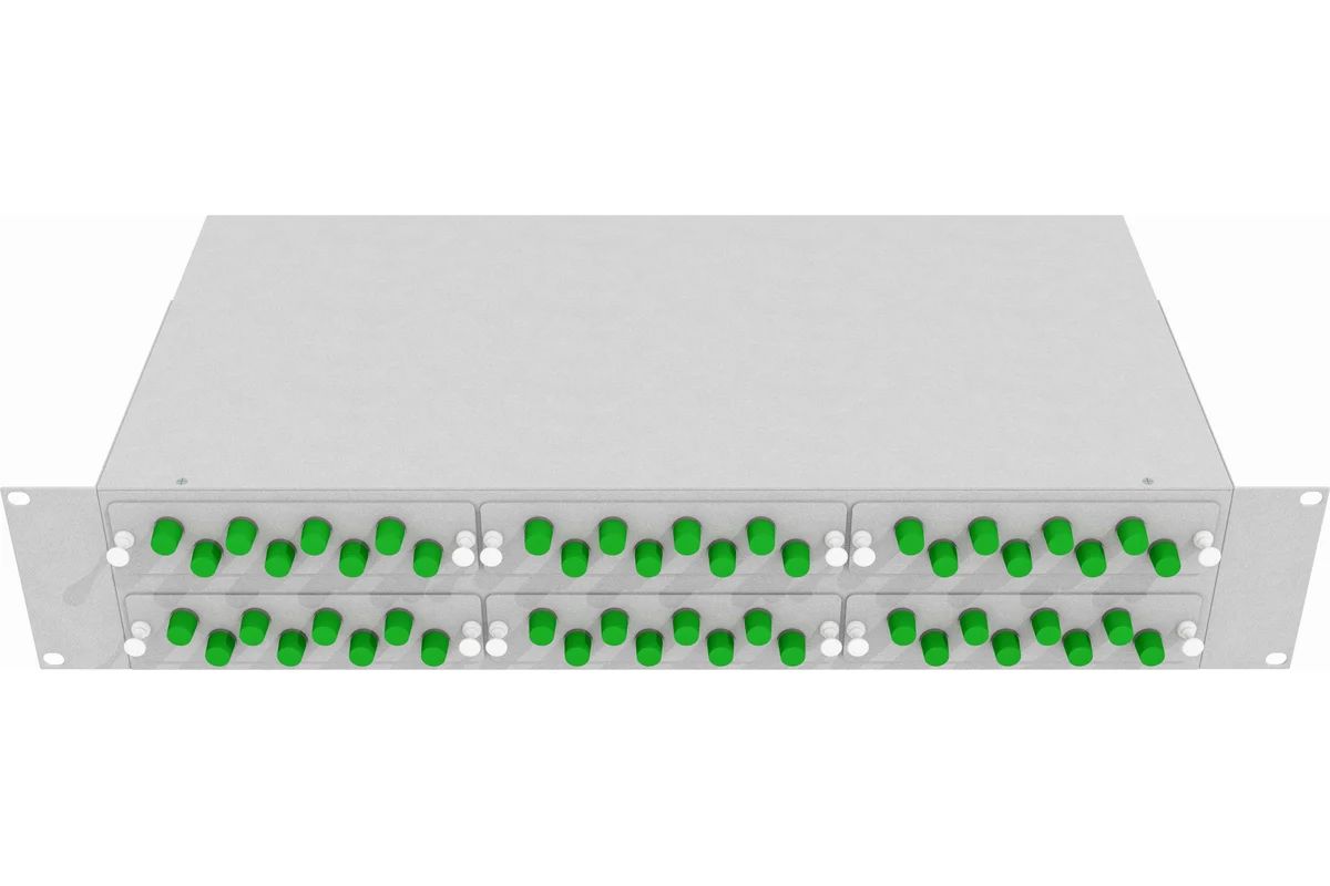 Кросс стоечный оптический Vimcom 19'' укомплектованный 1U, 48 портов FC/APC, 9/125 мкм (планки, сплайс-кассета, пигтейлы, адаптеры, КДЗС), серый.