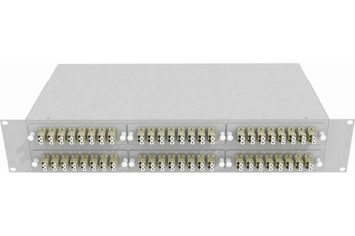 Кросс стоечный оптический Vimcom 19'' укомплектованный 2U, 48 портов LC/UPC, 9/125 мкм (планки, сплайс-кассета, пигтейлы, адаптеры, КДЗС), серый.