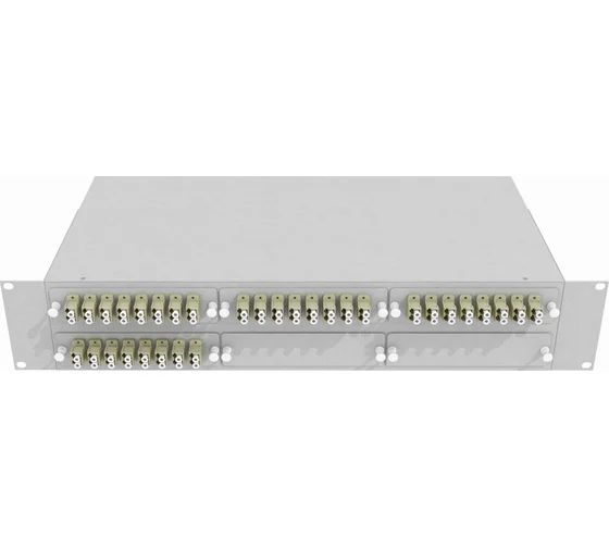 Кросс стоечный оптический Vimcom 19'' укомплектованный 2U, 64 порта LC/APC, 9/125 мкм (планки, сплайс-кассета, пигтейлы, адаптеры, КДЗС), серый.