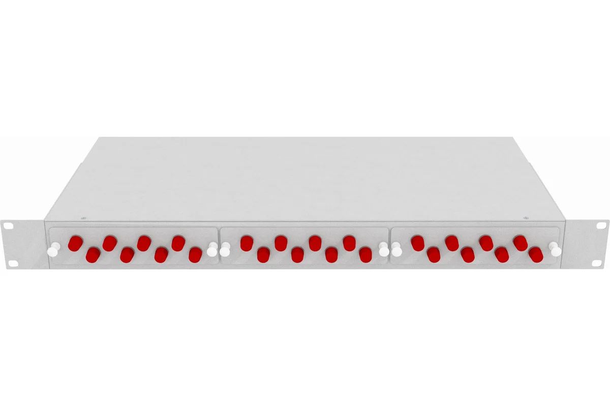 Кросс стоечный оптический Vimcom 19'' укомплектованный 1U, 24 порта FC/UPC, 9/125 мкм (планки, сплайс-кассета, пигтейлы, адаптеры, КДЗС), серый.