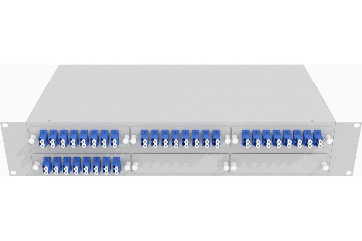 Кросс стоечный оптический Vimcom 19'' укомплектованный 2U, 64 порта LC/UPC, 9/125 мкм (планки, сплайс-кассета, пигтейлы, адаптеры, КДЗС), серый.