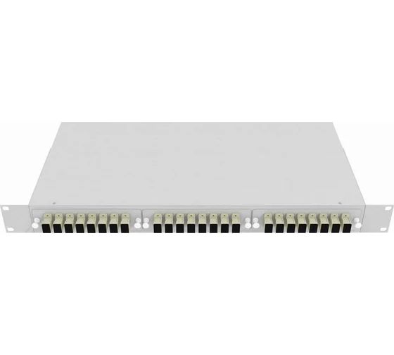 Кросс стоечный оптический Vimcom 19'' укомплектованный 1U, 24 порта SC, 50/125 мкм (планки, сплайс-кассета, пигтейлы, адаптеры, КДЗС), серый.