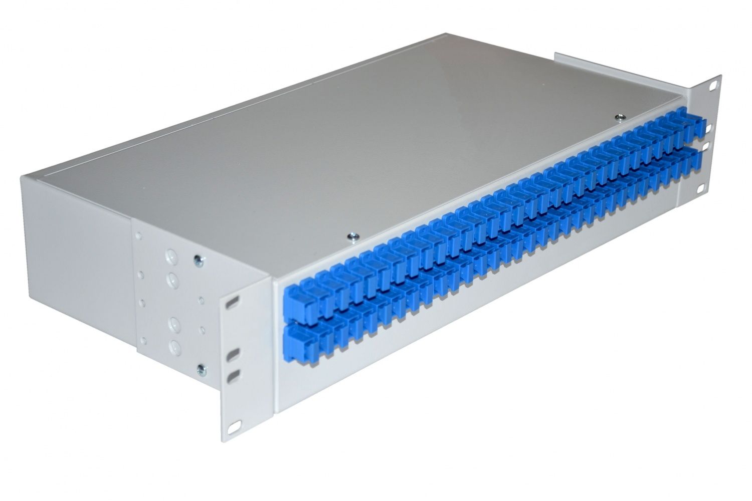 Кросс стоечный оптический Vimcom 19'' укомплектованный 2U, 64 порта SC/UPC, 9/125 мкм (сплайс-кассета, пигтейлы, адаптеры, КДЗС), сплошная панель, серый