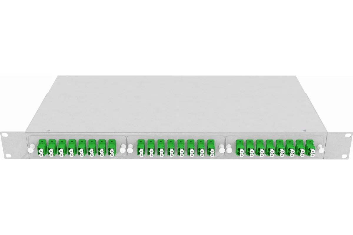 Кросс стоечный оптический Vimcom 19'' укомплектованный 1U, 48 портов LC/APC, 9/125 мкм (планки, сплайс-кассета, пигтейлы, адаптеры, КДЗС), серый.