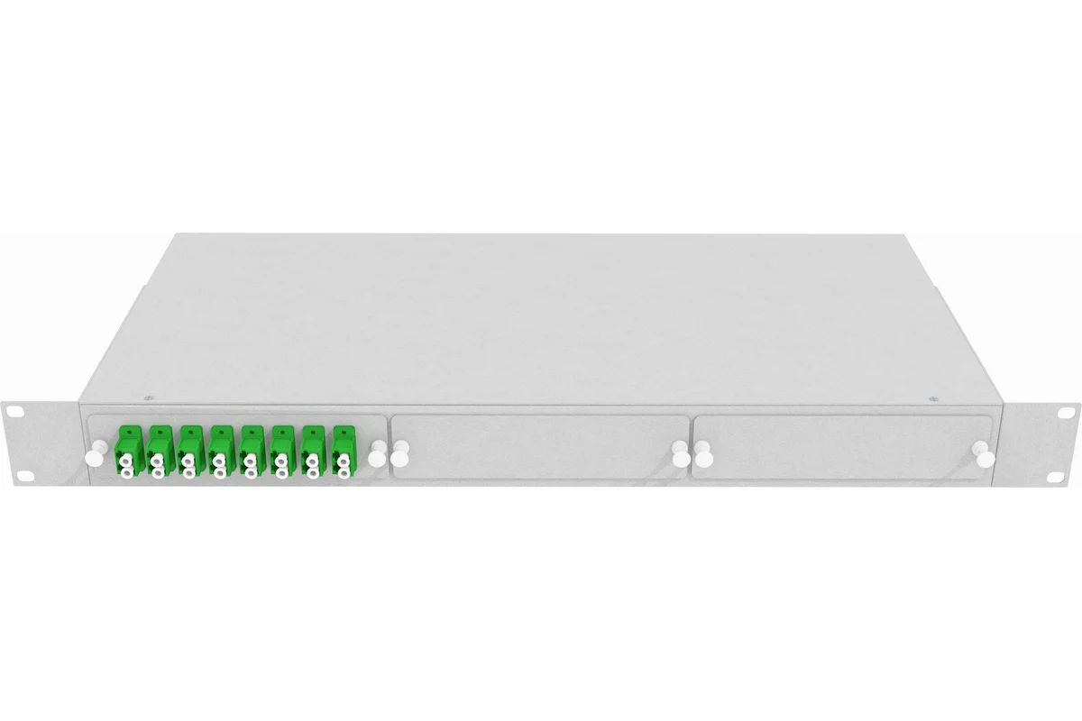 Кросс стоечный оптический Vimcom 19'' укомплектованный 1U, 16 портов LC/APC, 9/125 мкм (планки, сплайс-кассета, пигтейлы, адаптеры, КДЗС), серый.