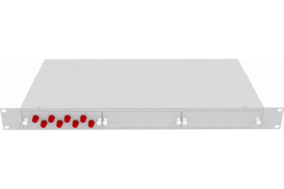 Кросс стоечный оптический Vimcom 19'' укомплектованный 1U, 8 портов FC/UPC, 9/125 мкм (планки, сплайс-кассета, пигтейлы, адаптеры, КДЗС), серый.