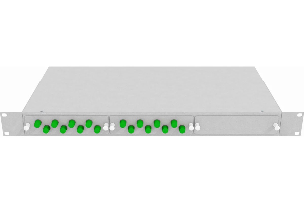 Кросс стоечный оптический Vimcom 19'' укомплектованный 1U, 16 портов FC/APC, 9/125 мкм (планки, сплайс-кассета, пигтейлы, адаптеры, КДЗС), серый.