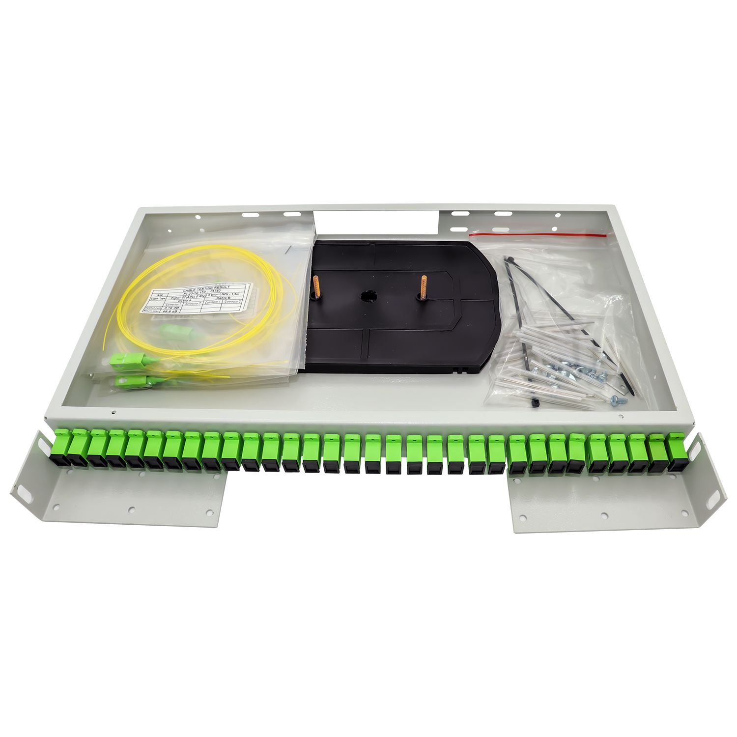 Кросс стоечный оптический Vimcom 19'' укомплектованный 1U, 32 порта SC/APC, 9/125 мкм (сплайс-кассета, пигтейлы, адаптеры, КДЗС), сплошная панель, серый