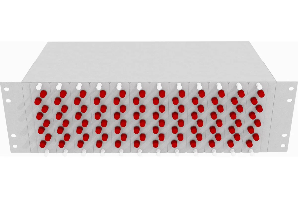 Кросс стоечный оптический Vimcom 19'' укомплектованный 1U, 96 портов FC/UPC, 9/125 мкм (планки, сплайс-кассета, пигтейлы, адаптеры, КДЗС), серый.