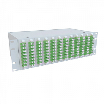 Кросс стоечный оптический Vimcom 19'' укомплектованный 3U, 96 портов LC/APC, 9/125 мкм (планки, сплайс-кассета, пигтейлы, адаптеры, КДЗС), серый.