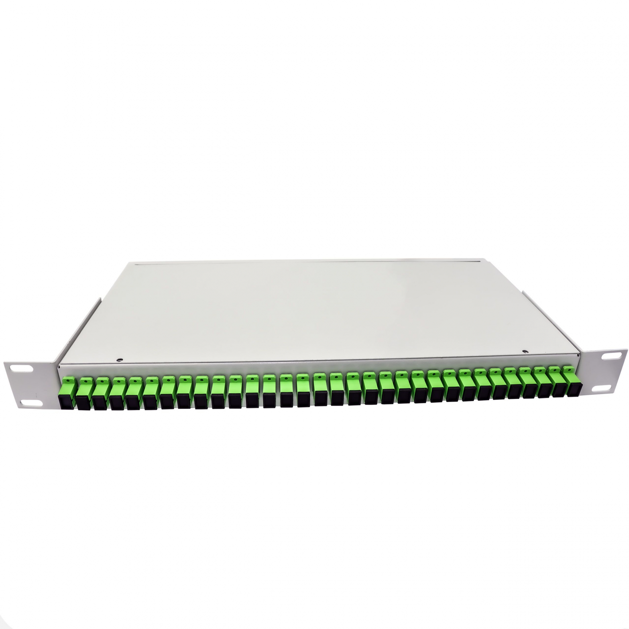 Кросс стоечный оптический Vimcom 19'' укомплектованный 1U, 32 порта SC/APC, 9/125 мкм (сплайс-кассета, пигтейлы, адаптеры, КДЗС), сплошная панель, серый