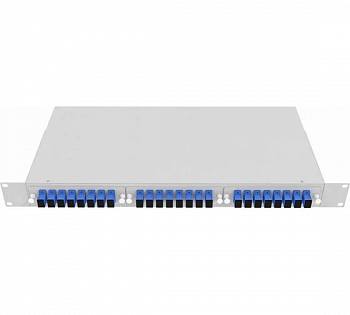 Кросс стоечный оптический Vimcom 19'' укомплектованный 1U, 24 порта SC/UPC, 9/125 мкм (планки, сплайс-кассета, пигтейлы, адаптеры, КДЗС), серый