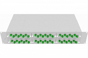 Кросс стоечный оптический Vimcom 19'' укомплектованный 1U, 48 портов FC/APC, 9/125 мкм (планки, сплайс-кассета, пигтейлы, адаптеры, КДЗС), серый.