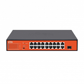 Коммутатор неуправляемый Wi-Tek WI-PS518G v4, PoE 200Вт, порты 16 PoE FE, 1GE, 1Combo, режим 250м, Watchdog