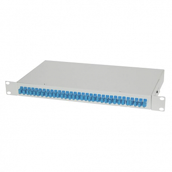 Кросс стоечный оптический Vimcom 19'' укомплектованный 1U, 32 порта SC/UPC, 9/125 мкм (сплайс-кассета, пигтейлы, адаптеры, КДЗС), сплошная панель, серый