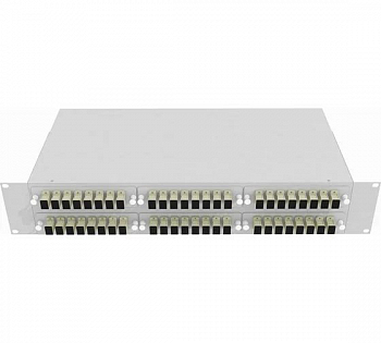 Кросс стоечный оптический Vimcom 19'' укомплектованный 1U, 32 порта SC, 50/125 мкм (сплайс-кассета, пигтейлы, адаптеры, КДЗС), сплошная панель, серый.