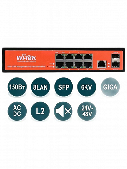 Коммутатор управляемый Wi-Tek WI-PMS310GF-Alien, уровень L2, 8GbE-T + 2порта SFP GbE + 1консольный порт, поддержка PoE