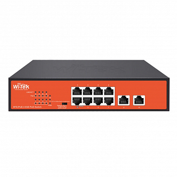 Коммутатор неуправляемый Wi-Tek WI-PS210G v4, PoE 120Вт, порты 8 PoE FE + 2GE, режимы CCTV/VLAN, Watchdog, QoS