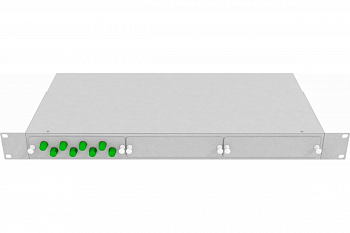 Кросс стоечный оптический Vimcom 19'' укомплектованный 1U, 8 портов FC/APC, 9/125 мкм (планки, сплайс-кассета, пигтейлы, адаптеры, КДЗС), серый.