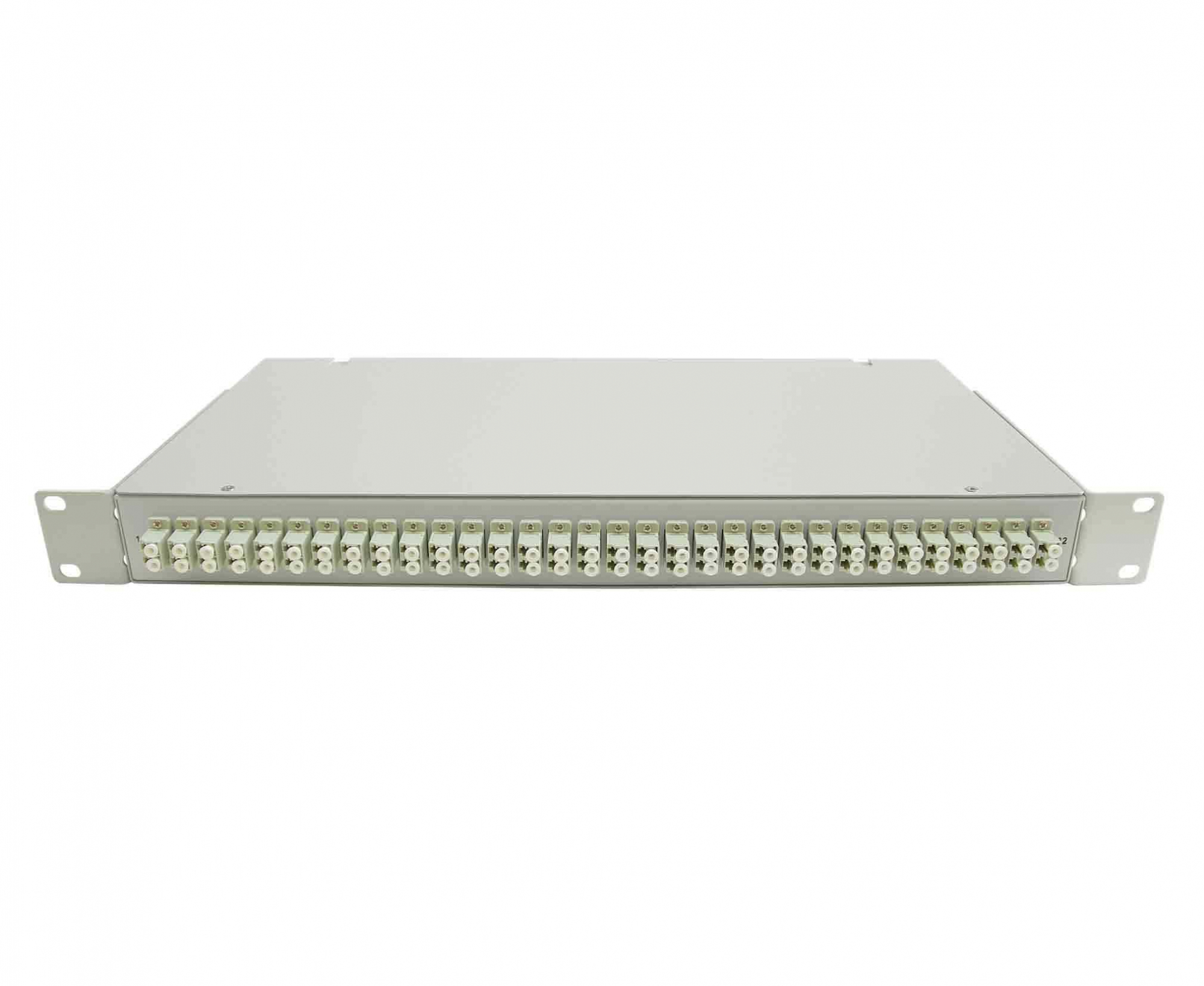 Кросс стоечный оптический Vimcom 19'' укомплектованный 1U, 64 порта LC/APC, 9/125 мкм (сплайс-кассета, пигтейлы, адаптеры, КДЗС), сплошная панель, серый.