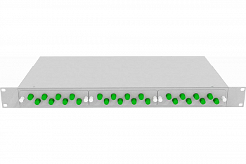 Кросс стоечный оптический Vimcom 19'' укомплектованный 1U, 24 порта FC/APC, 9/125 мкм (планки, сплайс-кассета, пигтейлы, адаптеры, КДЗС), серый.