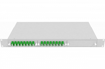 Кросс стоечный оптический Vimcom 19'' укомплектованный 1U, 32 порта LC/APC, 9/125 мкм (планки, сплайс-кассета, пигтейлы, адаптеры, КДЗС), серый.
