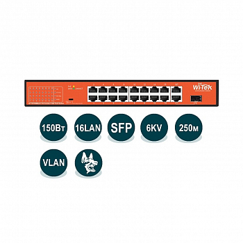 Коммутатор неуправляемый Wi-Tek WI-PS518GH, PoE 150Вт, порты 16 PoE FE + 1GE + 1Combo, режим 250м, Watchdog