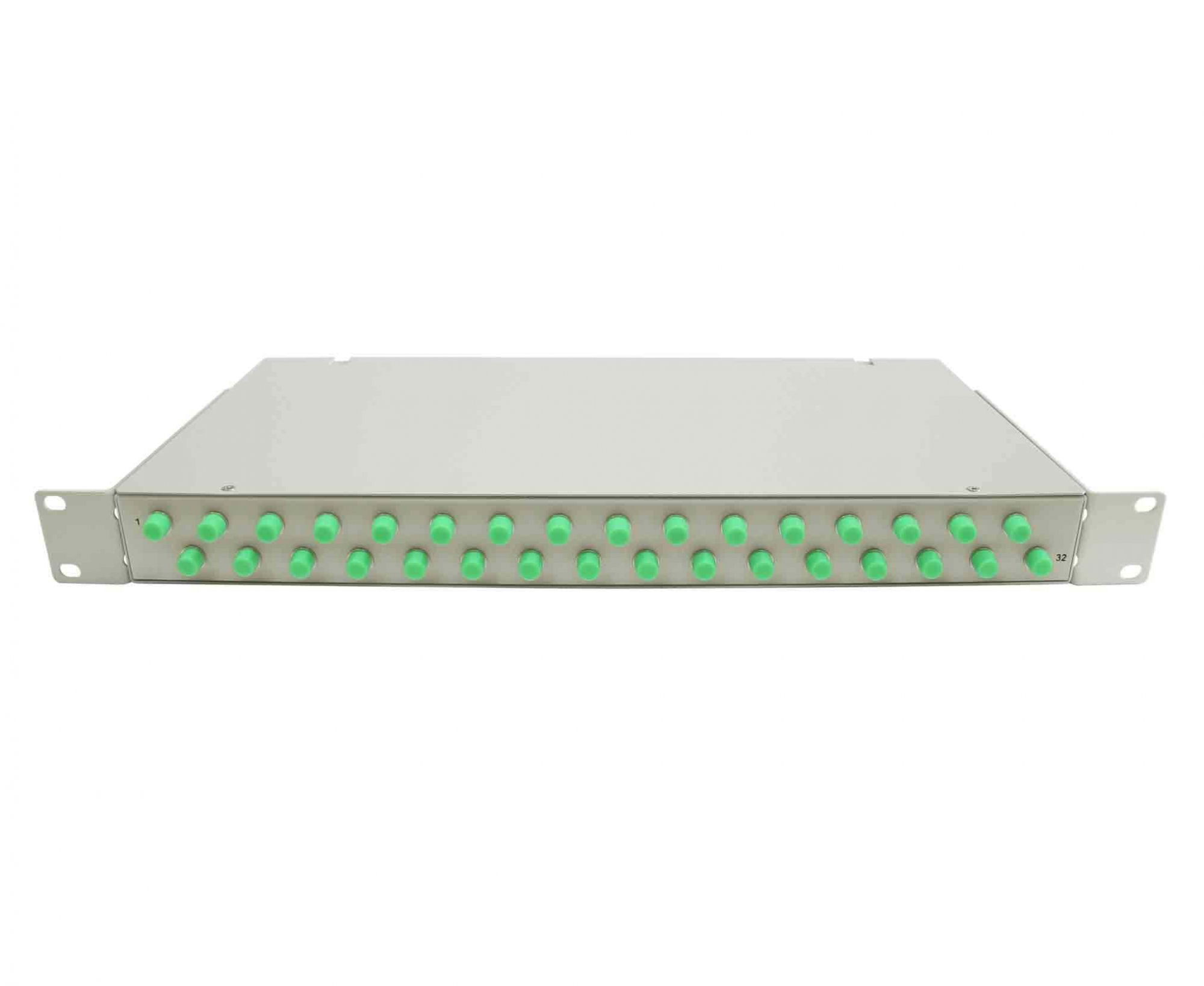 Кросс стоечный оптический Vimcom 19'' укомплектованный 1U, 32 порта FC/APC, 9/125 мкм (сплайс-кассета, пигтейлы, адаптеры, КДЗС), сплошная панель, серый.